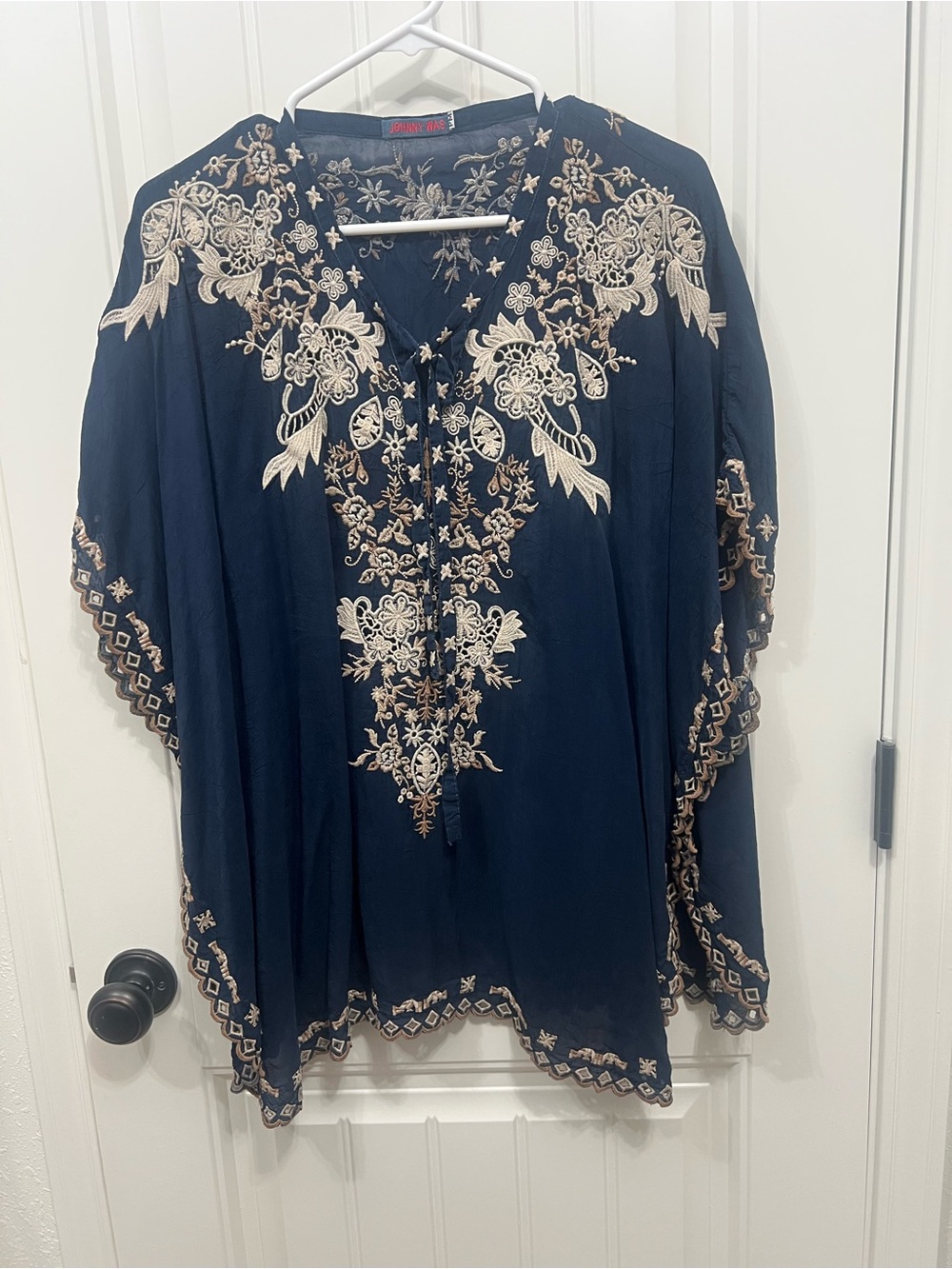 Johnny Was Navy Top with Cream Embroidery